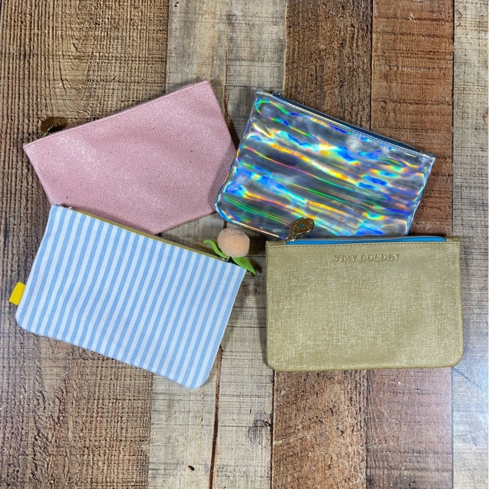 Ipsy Holographic Striped Gold Peach Glitter Sparkly Shimmer Cosmetic Bag Set